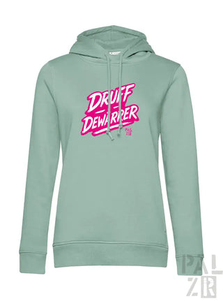 Minzgrüner Hoodie mit ’druff dewarpper’-Grafik in pink-weißem Design.