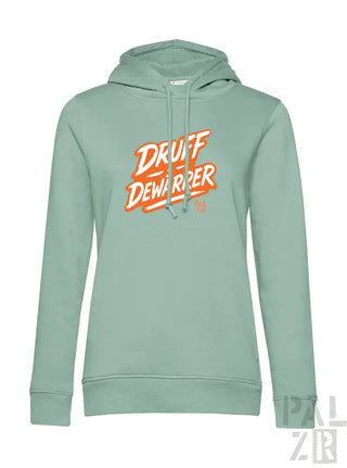 Minzgrüner Hoodie mit ’druff dewarper’-Grafik in orange-weißem Design, palzr Marke.