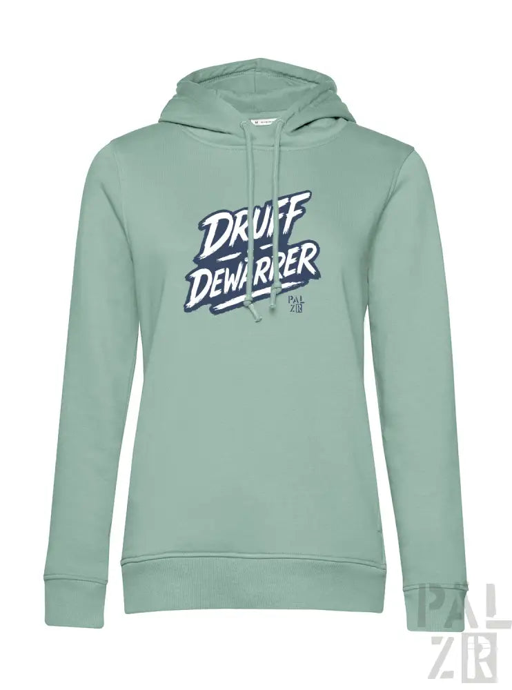 Minzgrüner Hoodie mit ’druff dewariper’ Grafikdesign, Kordelkapuze und langen Ärmeln.