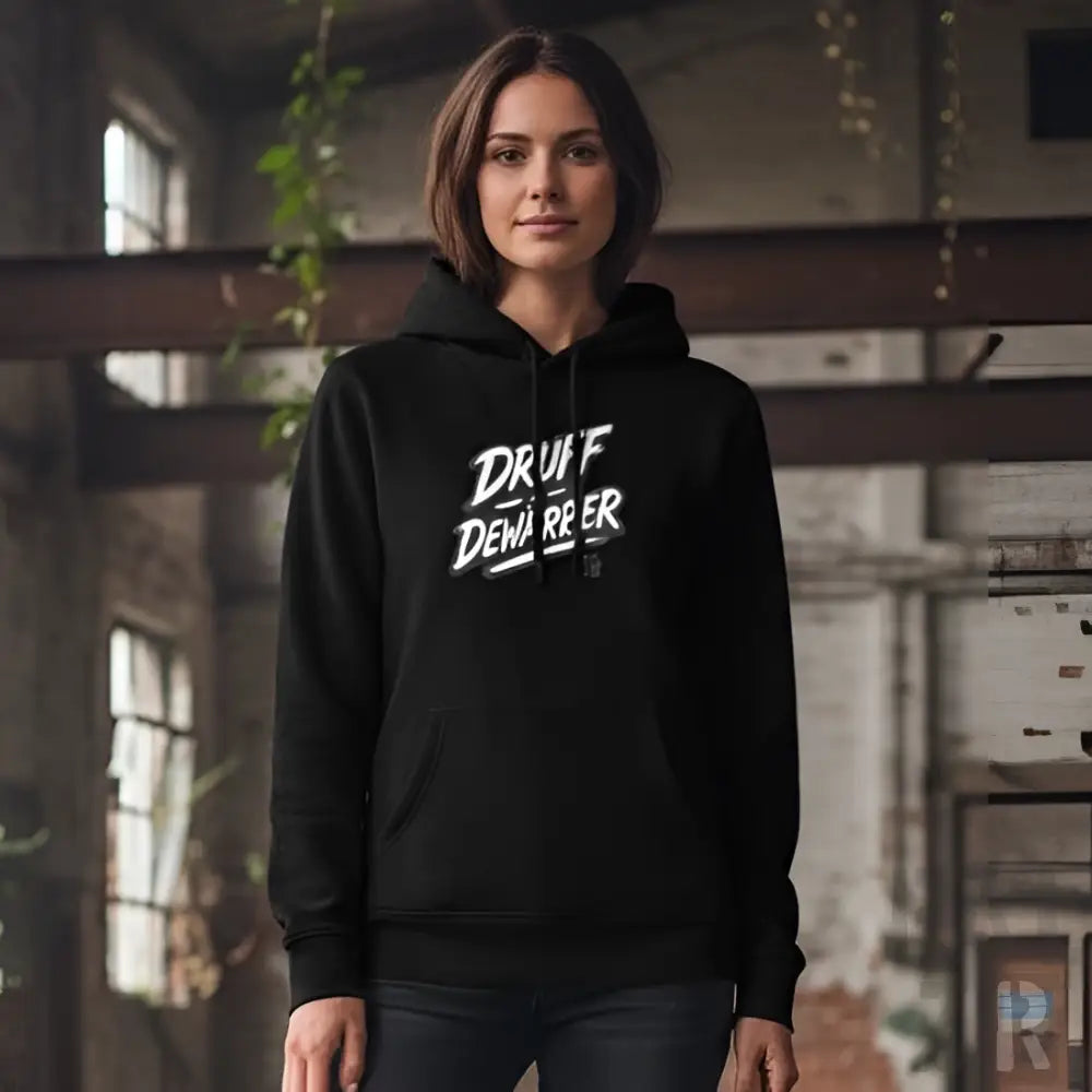 Schwarzer Hoodie mit weißem Text-Design, ’druff demarreer’ Grafik.