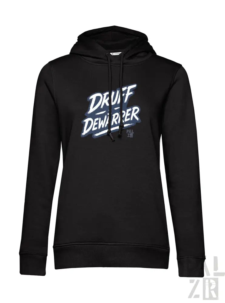 Schwarzes Hoodie mit ’druff demurper’ Grafikdesign, Material eines Kapuzen-Sweatshirts.