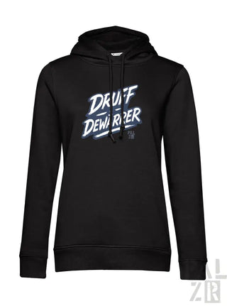 Schwarzes Hoodie mit ’druff demurper’ Grafikdesign, Material eines Kapuzen-Sweatshirts.