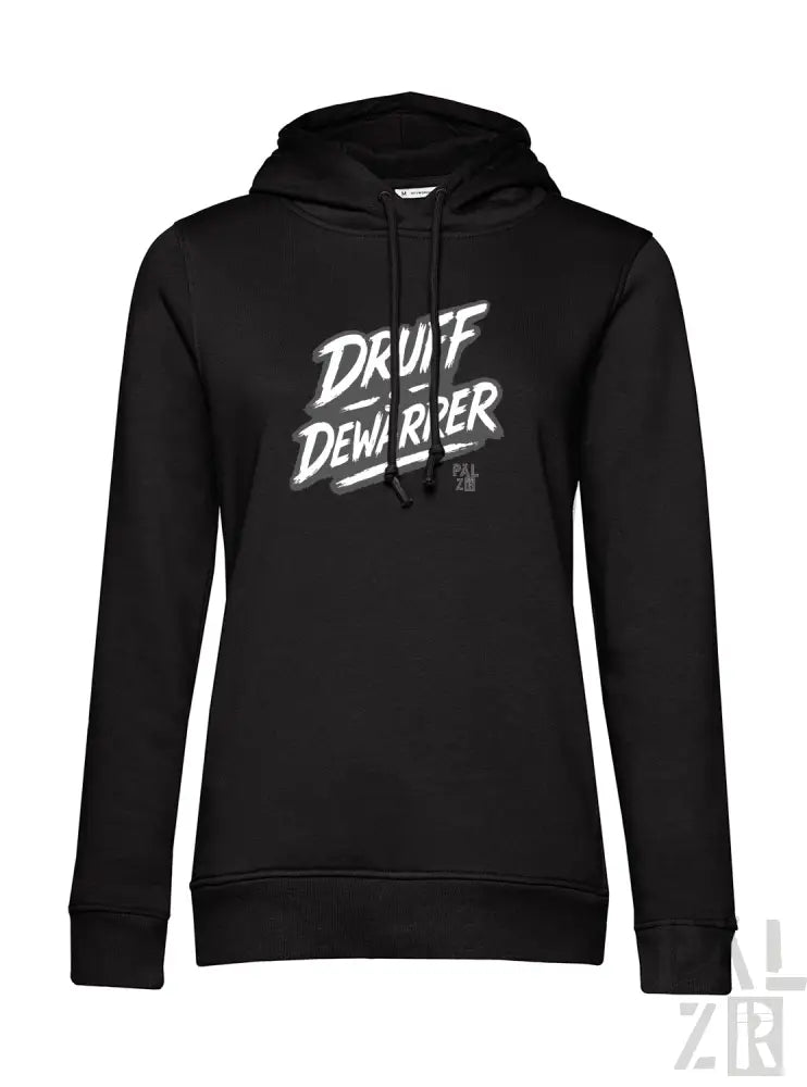 Schwarzer Hoodie mit ’druff dewarper’ Grafikdesign, hergestellt aus einer Baumwolle- und Polyester-Mischung.