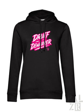 Schwarze Kapuzenpulli mit pinkem ’druff dewarper’ Grafikdesign, Material eines Kapuzen-Sweatshirts.
