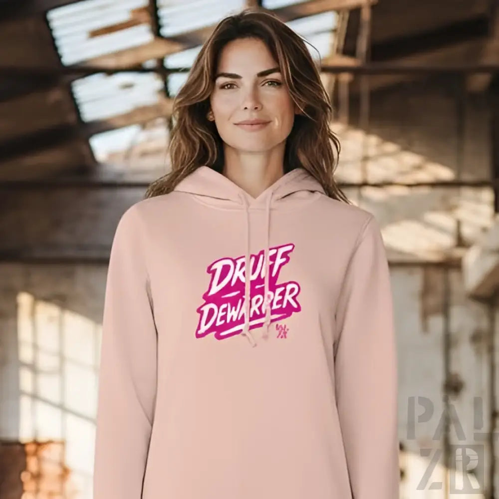 Rosa Hoodie mit ’druff dewarpper’ Grafikdesign, hergestellt aus weichem Baumwollmaterial.