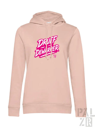 Rosa Hoodie mit ’druff dewarpper’ Grafikdesign, Baumwollmaterial.