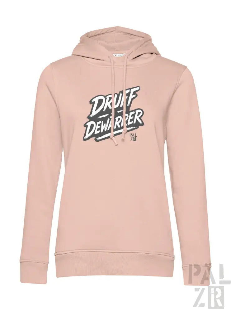 Hellrosa Hoodie mit ’druff dewarpper’-Grafikdesign, Kordelzugkapuze und langen Ärmeln.