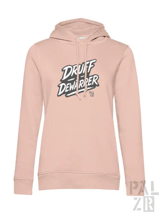 Hellrosa Hoodie mit ’druff dewarpper’-Grafikdesign, Kordelzugkapuze und langen Ärmeln.
