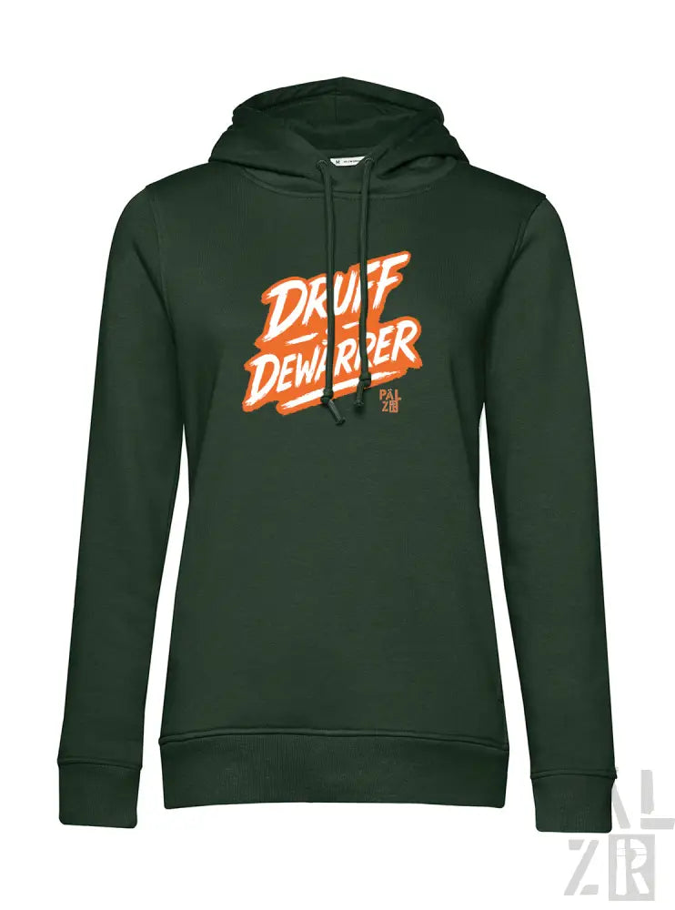 Dunkelgrüner Hoodie mit ’druff dewarper’-Grafik in Orange und Weiß, Material aus Kapuzenschweißhemd.