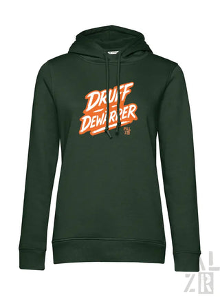 Dunkelgrüner Hoodie mit ’druff dewarper’-Grafik in Orange und Weiß, Material aus Kapuzenschweißhemd.