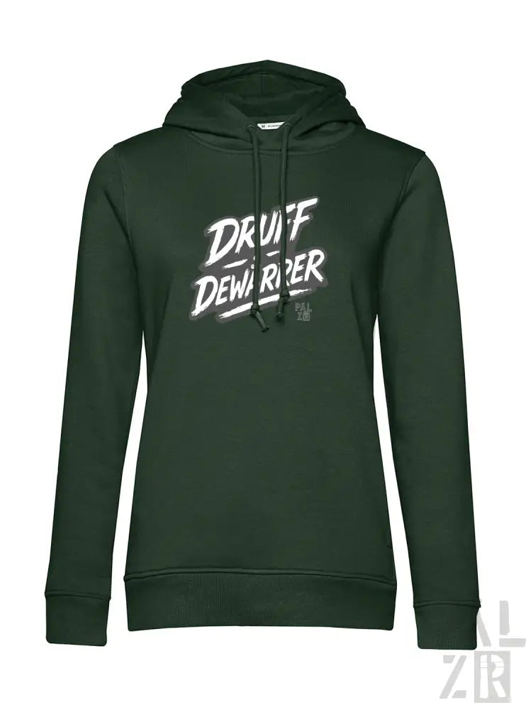 Dunkelgrüner Hoodie mit ’druff demarper’ Grafikdesign, Material aus Kapuzenschweißhemd.