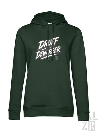 Dunkelgrüner Hoodie mit ’druff demarper’ Grafikdesign, Material aus Kapuzenschweißhemd.