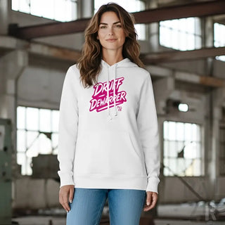 Weißes Hoodie mit pinkem ’draft dewarrier’ Grafikdesign, hergestellt aus einer Baumwolle- und Polyestermischung.
