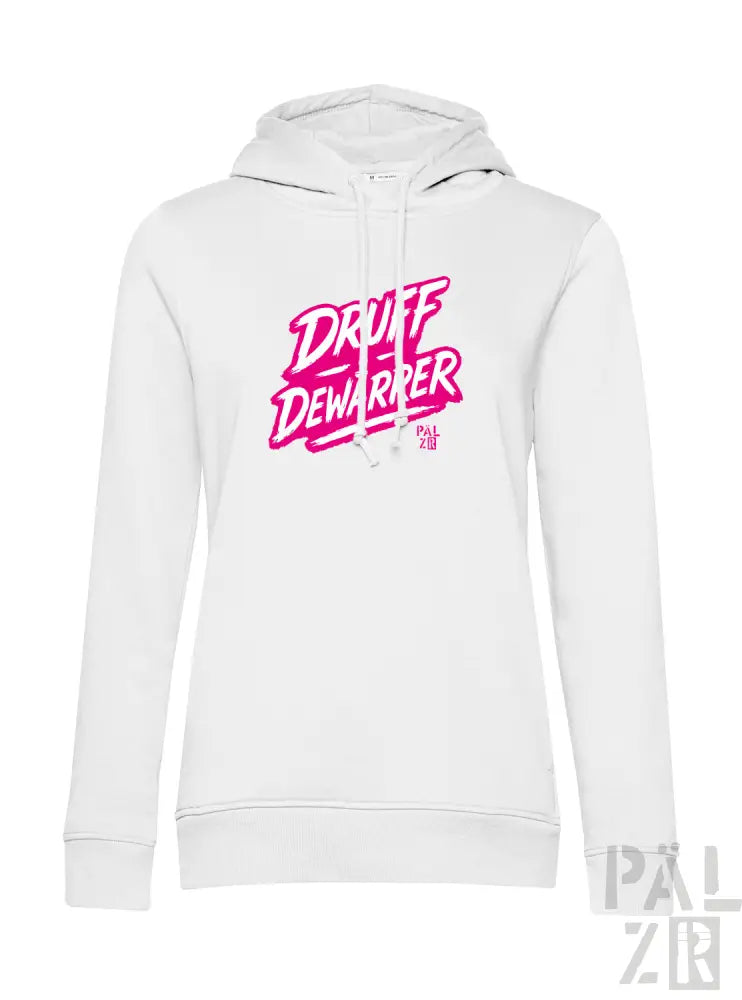 Weißes Hoodie mit pinkem ’druff dewarre’ Grafikdesign.