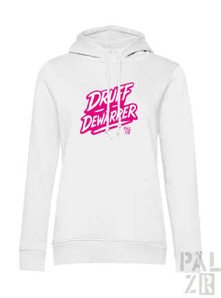 Weißes Hoodie mit pinkem ’druff dewarre’ Grafikdesign.