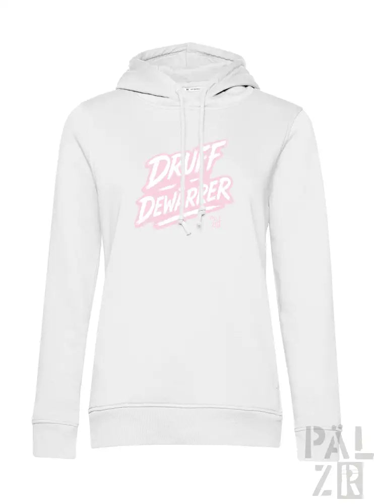 Weiße Hoodie mit pinkem „druff demi rider“-Graphic und schwarzen Kordeln.
