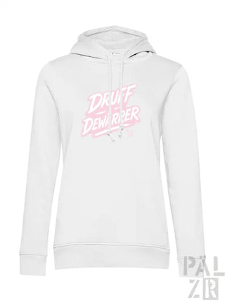 Weiße Hoodie mit pinkem „druff demi rider“-Graphic und schwarzen Kordeln.