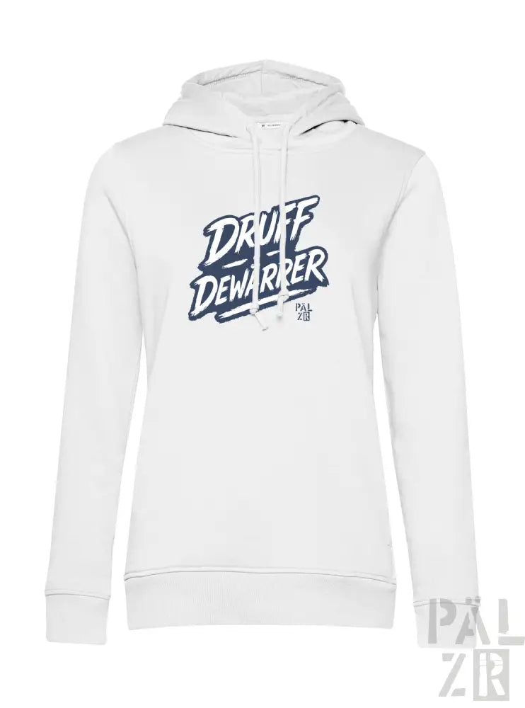Weiße Hoodie mit ’druff dewarpper’ Grafikdesign, hergestellt aus einer Baumwolle- und Polyestermischung.