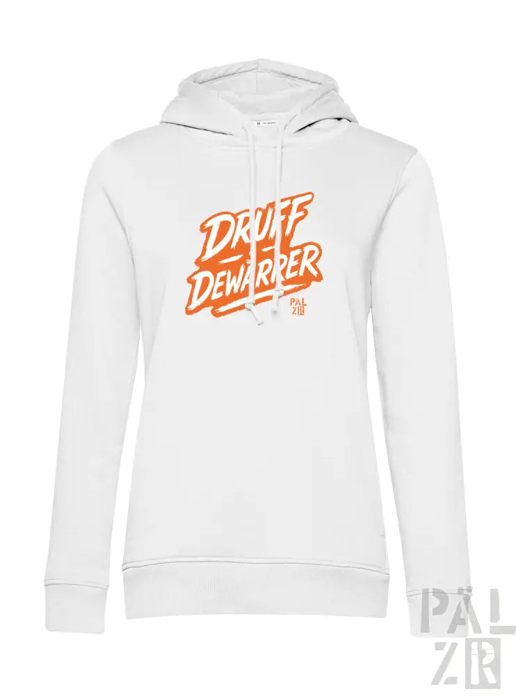 Weißes Hoodie mit orangefarbenem ’druff dewarrer’ Grafikdesign, Baumwollmaterial.