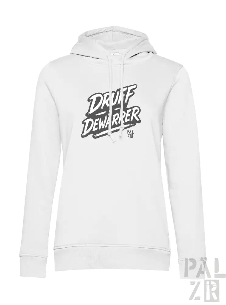 Weißes Hoodie mit ’druff dewarrer’ Grafikdesign.