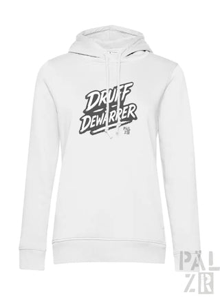 Weißes Hoodie mit ’druff dewarrer’ Grafikdesign.
