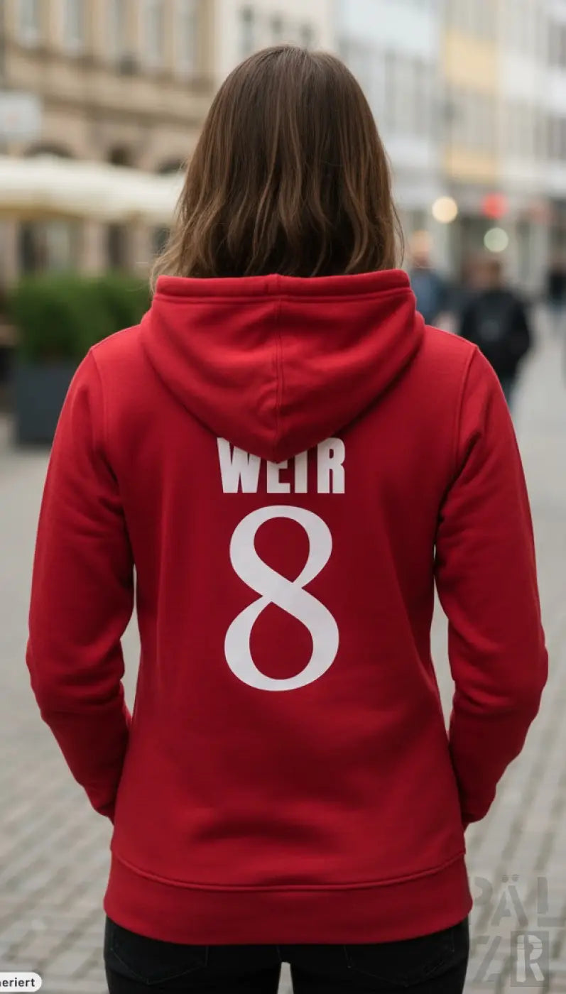 Rote frauen hoodie aus baumwolle mit weißem weir 8 print auf der rückseite in verschiedenen farben