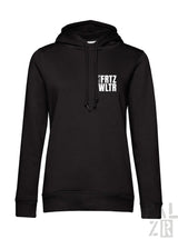 Schwarzer frauen hoodie mit weißem fritz wltr schriftzug auf der brust in verschiedenen farben erhältlich