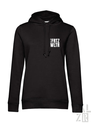 Schwarzer frauen hoodie mit weißem fritz wltr schriftzug auf der brust in verschiedenen farben erhältlich