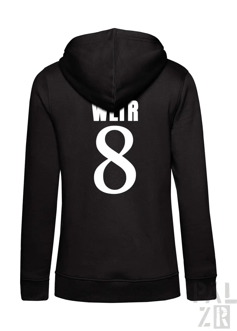 Schwarzer zip-up hoodie für frauen mit weißem weir 8 print auf der rückseite aus verschiedenen farben
