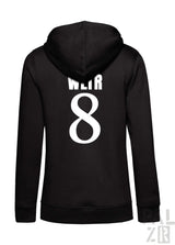 Schwarzer zip-up hoodie für frauen mit weißem weir 8 print auf der rückseite aus verschiedenen farben