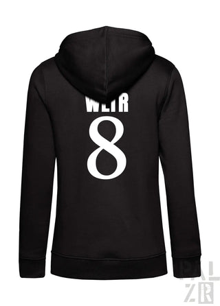 Schwarzer zip-up hoodie für frauen mit weißem weir 8 print auf der rückseite aus verschiedenen farben