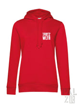 Rote damen hoodie aus baumwolle mit weißem fritz wltr schriftzug auf der brust verschiedene farben