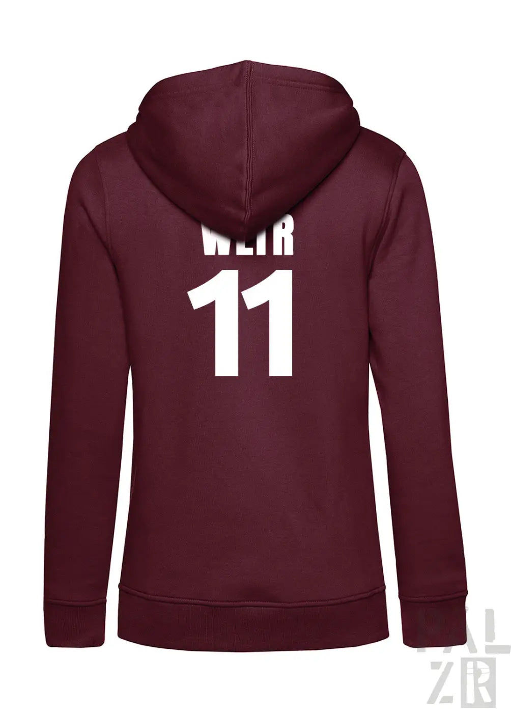 Maroon zip-up fleece hoodie mit weißem weir 11 print auf der rückseite aus der frauen hoodie collection frtz wltr elf