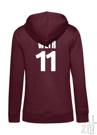 Maroon zip-up fleece hoodie mit weißem weir 11 print auf der rückseite aus der frauen hoodie collection frtz wltr elf