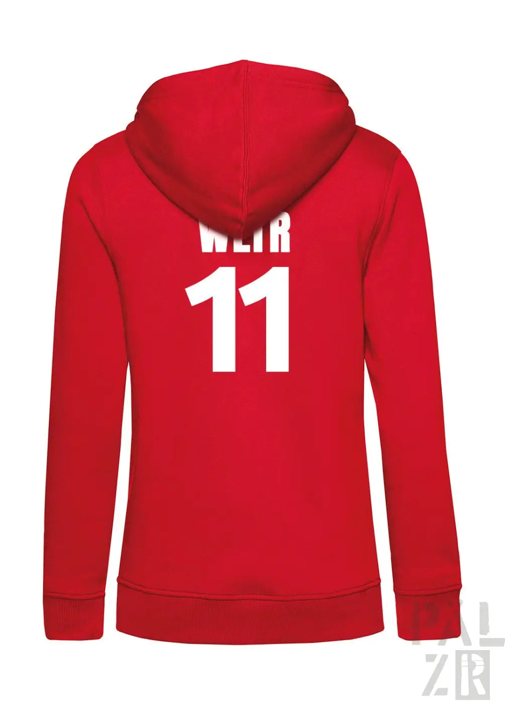 Rote zip-up hoodie für frauen mit weißem weir 11 print auf der rückseite aus verschiedenen farben