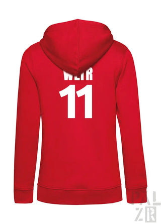 Rote zip-up hoodie für frauen mit weißem weir 11 print auf der rückseite aus verschiedenen farben