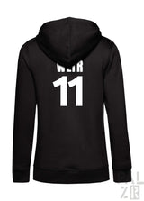 Schwarzer zip-hoodie frauen frtz wltr elf mit weißem weir 11 druck auf der rückseite in verschiedenen farben