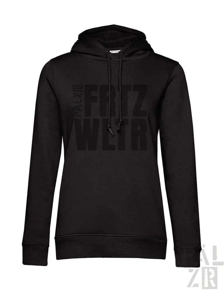 Schwarze Kapuzenjacke mit Textdesign „fritz weir“, hergestellt aus einer Baumwolle- und Polyestermischung.