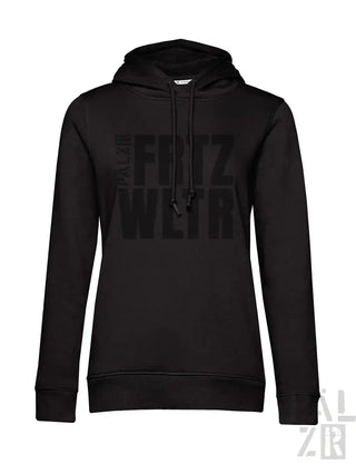 Schwarze Kapuzenjacke mit Textdesign „fritz weir“, hergestellt aus einer Baumwolle- und Polyestermischung.