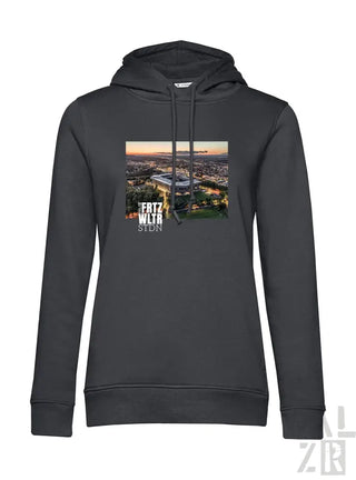 Anthrazitfarbene Kapuzenjacke mit Stadtbildgrafik und Kordelkapuze.