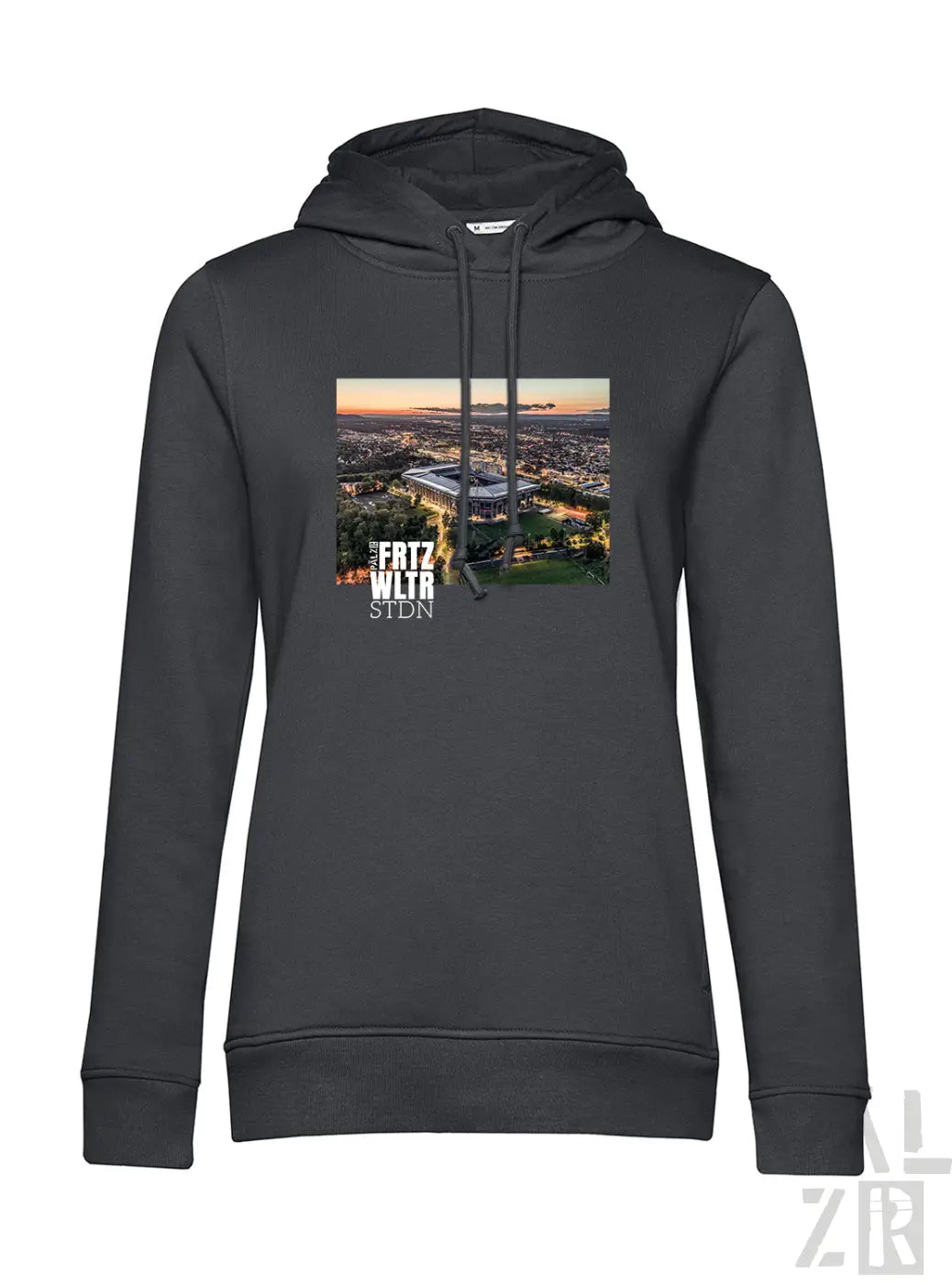 Dunkelgrauer damen hoodie mit druck des fritz-walter-stadions bei sonnenuntergang und weißem schriftzug
