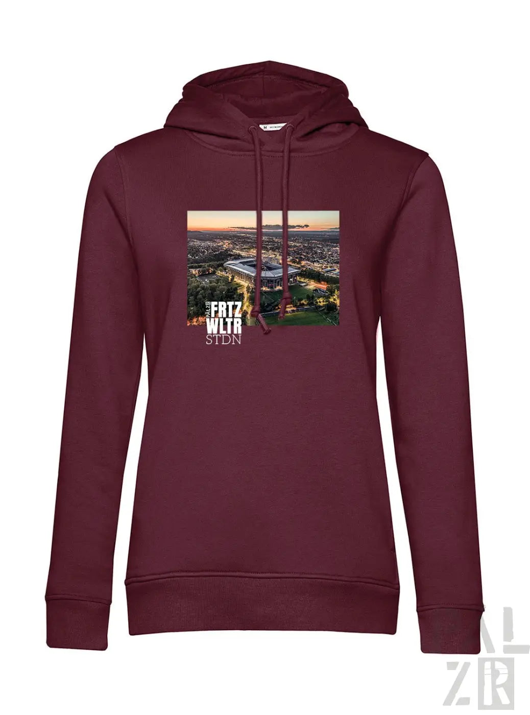 Frauen hoodie in maroon mit aufdruck eines luftbilds vom fritz-walter-stadion und weißem text