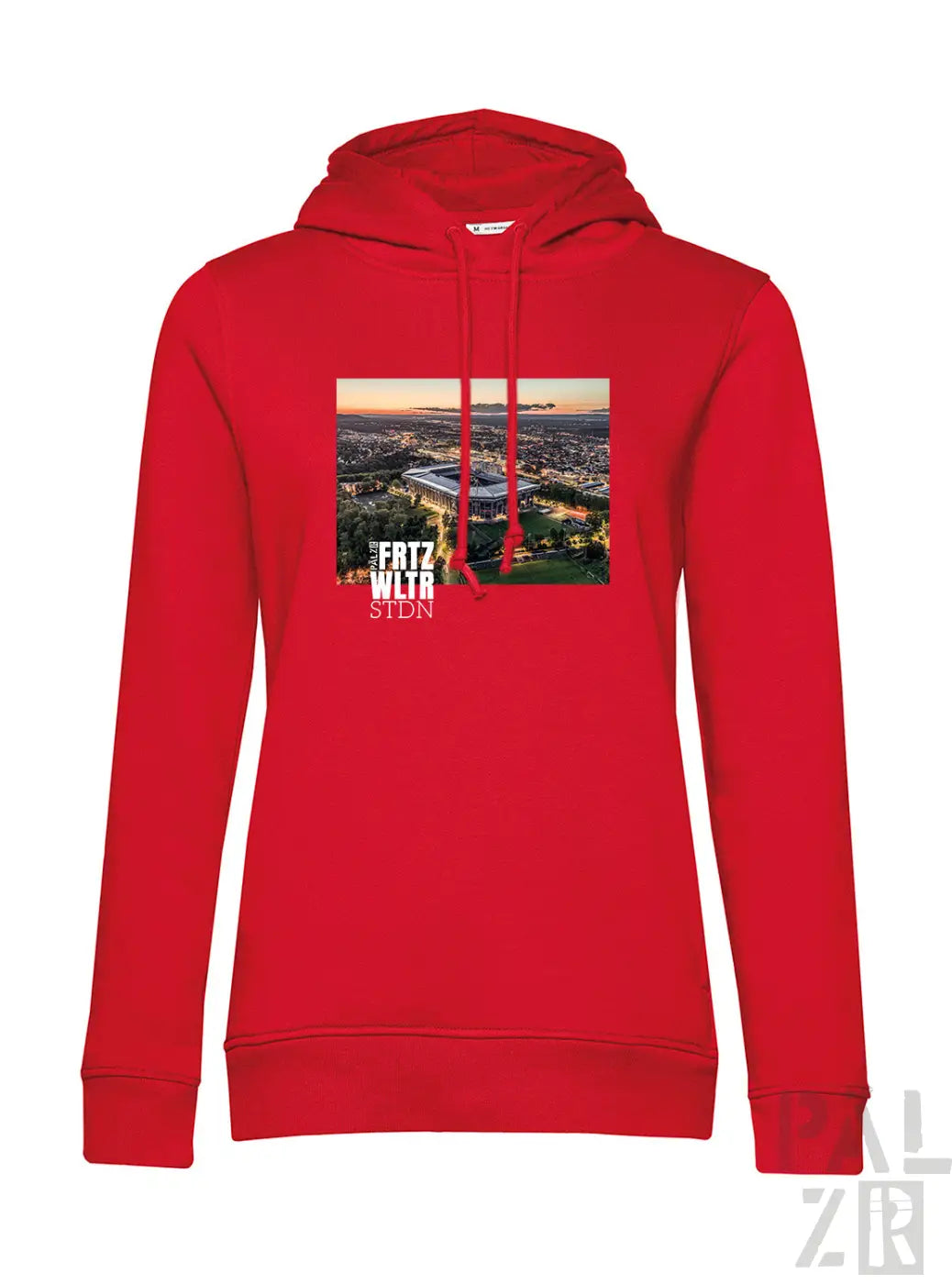 Rote damen hoodie mit grafik eines stadion-luftbilds und text fritz wltr stdn auf der front in verschiedenen farben