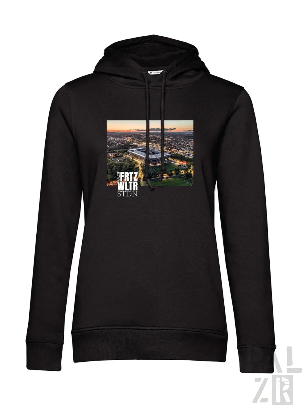 Schwarzer frauen hoodie mit aufdruck einer stadion luftaufnahme bei sonnenuntergang und text frtz wltr stdn darunter