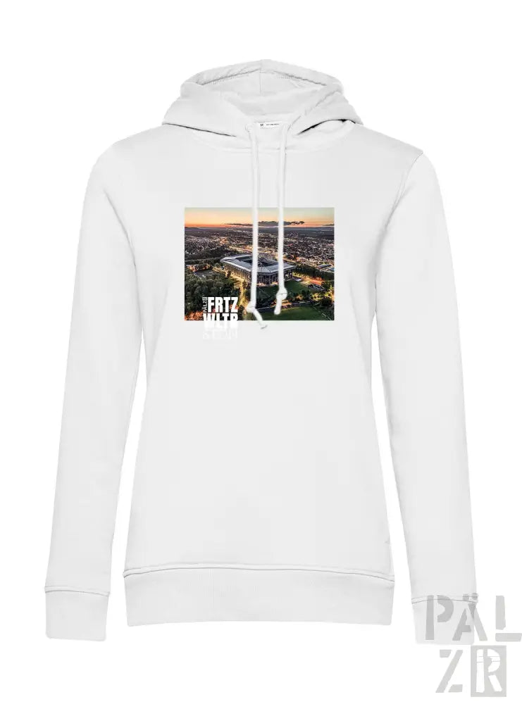 Weißes Hoodie mit Stadtbild-Design auf der Vorderseite, mit Reißverschluss und Kordeln.