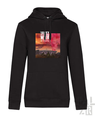 Schwarzer Hoodie mit Fitz and the Tantrums Album-Cover-Design, Material eines Kapuzen-Sweatshirts.