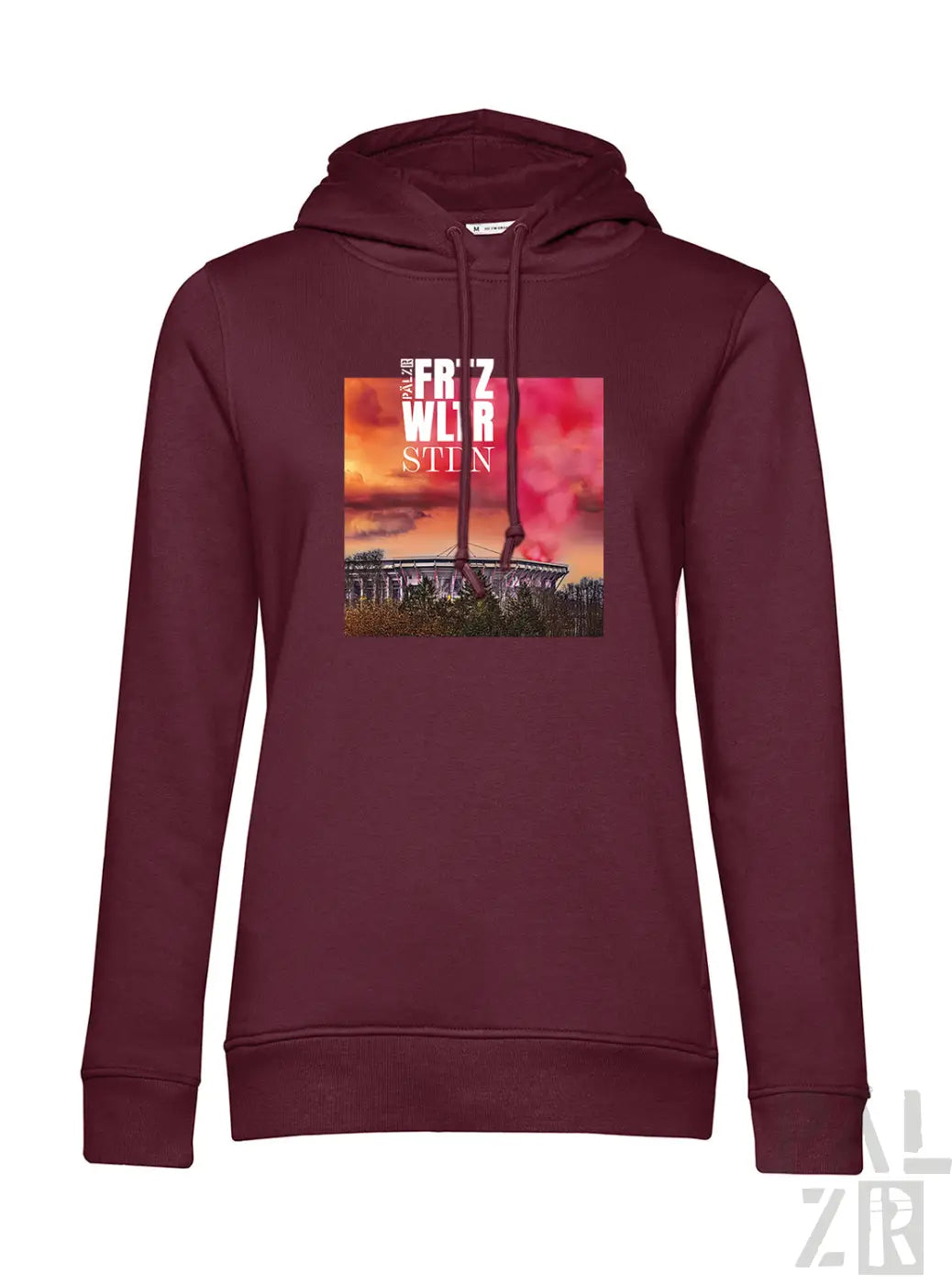Maroon frauen hoodie mit quadratischem stadion sunset grafikdruck und text friedrich wilhelm stern in weiß