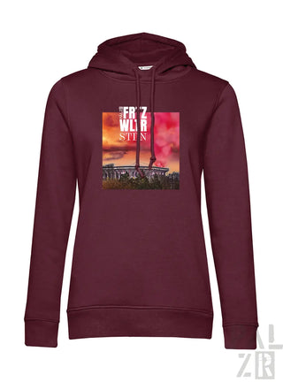 Maroon frauen hoodie mit quadratischem stadion sunset grafikdruck und text friedrich wilhelm stern in weiß
