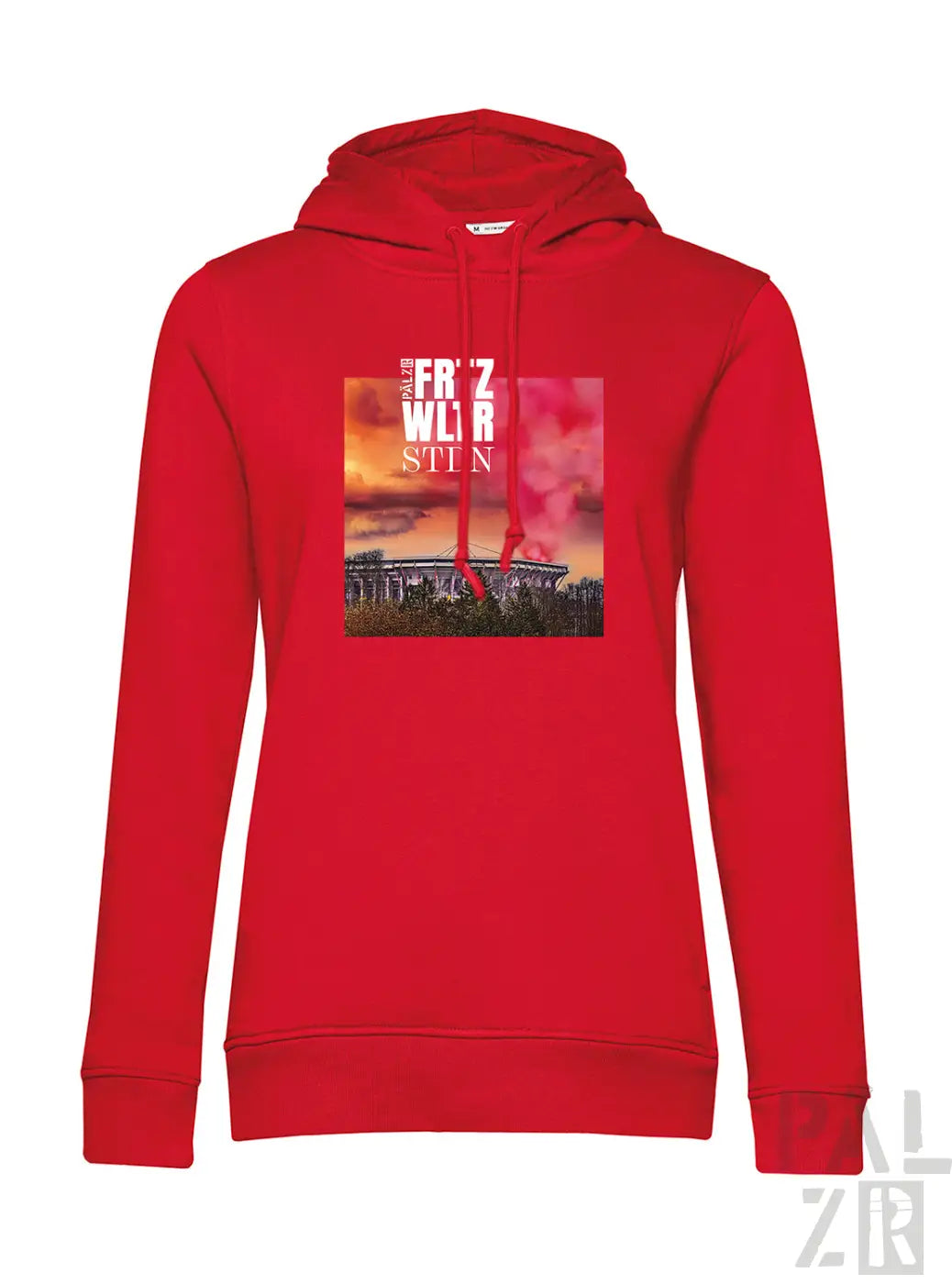 Rote damen hoodie mit rechteckigem stadiongrafikprint bei sonnenuntergang und text friedrich wilhelm stein