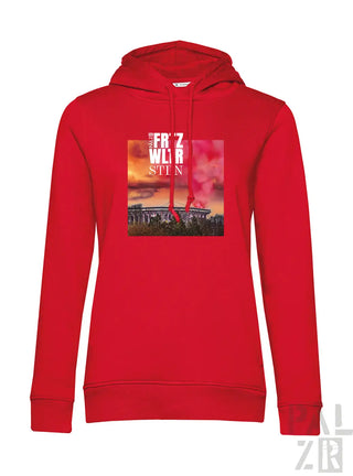 Rote damen hoodie mit rechteckigem stadiongrafikprint bei sonnenuntergang und text friedrich wilhelm stein